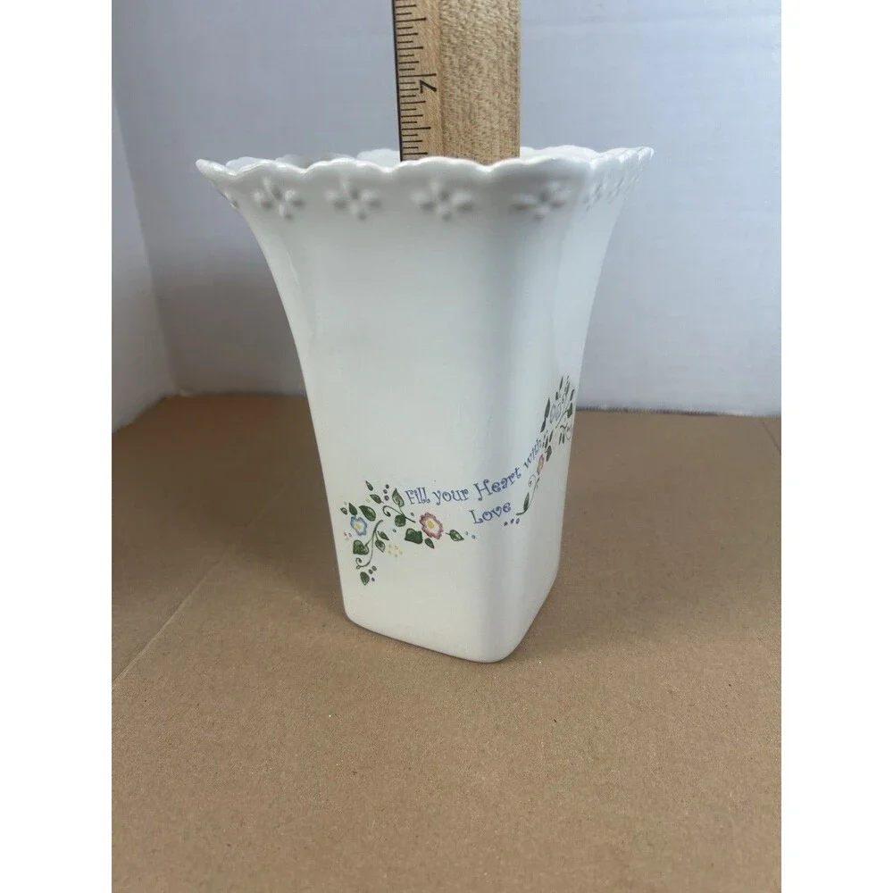 Cream Floral Vase Scalloped Rim Embossed Fill Your Heart Home W/Love Happiness